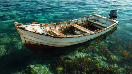 Old Wooden Boat Anchored In Clear Blue Water With Seaweed