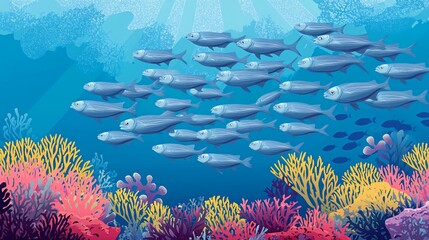 A school of silver fish swim through a vibrant coral reef in the blue ocean.
