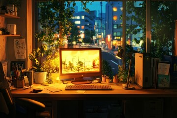 A Cozy Office With A View Of A Quiet Rainy Street Through The Window And Soft, Warm Light Creating A Comforting Ambiance. Cozy Vibe, Generative AI