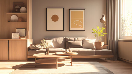 A cozy living room scene featuring a light wood finish, modern furniture, and warm sunlight streaming through large windows.