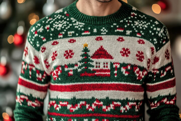 man wearing Christmas ugly sweater isolated background.