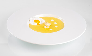 Elegant plated gourmet dish with soup and delicate garnishes, showcasing sophisticated culinary presentation on a white plate.