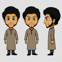 Indian, Pakistani, and Eastern 2D Cartoon Character Have Beard in Shalwar Kameez for Animation - T-Pose Front, Side, and Back View | Asian Cartoon Character Design for Animation Projects