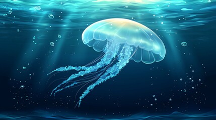 Obraz premium A translucent jellyfish with long trailing tentacles floats in the ocean depths. Light from the surface illuminates the creature and air bubbles rise to the surface.