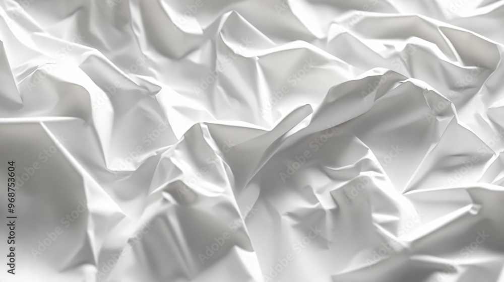 Poster a close-up image of crumpled white paper, showcasing its texture and folds, creating an abstract and