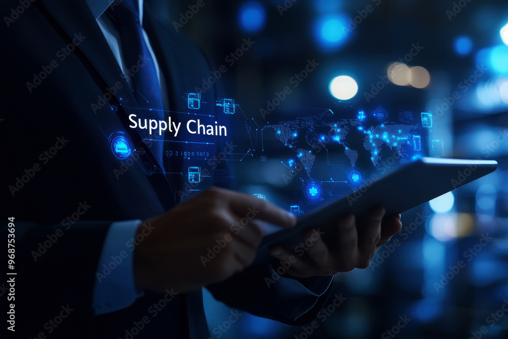 Poster supply chain management - scm concept banner with icons and a description of them. aspects of modern