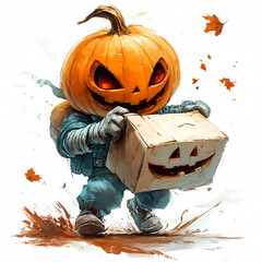 pumpkin-headed character carrying box character
