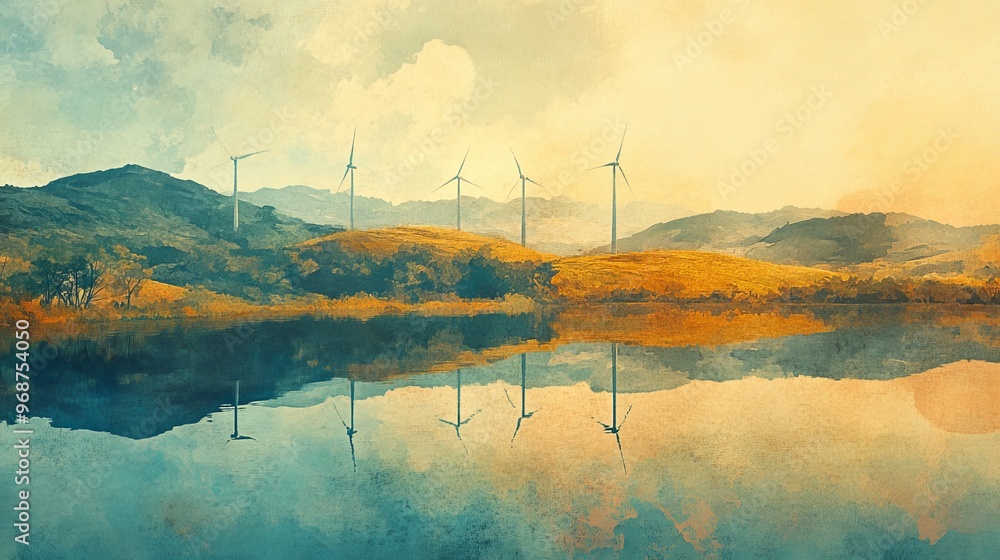 Wall mural Wind turbines on a distant hill, serene lake reflecting turbines, peaceful landscape, watercolor style