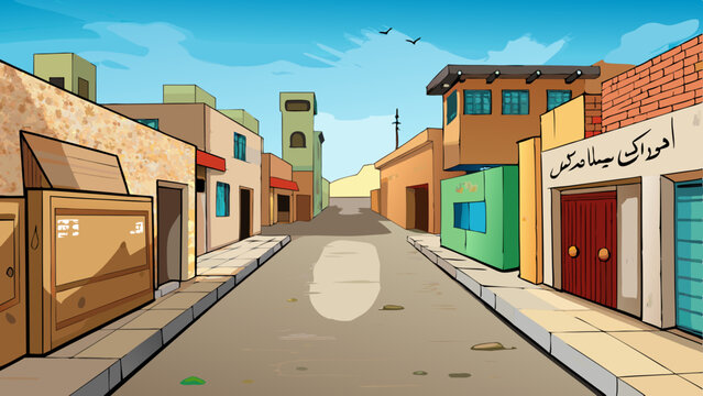 Classic Asian Pakistan and Indian Streets Cartoon Background Scene 