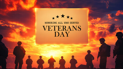 Silhouettes Of Soldiers Standing Against A Fiery Sunset, Honoring All Who Served On Veterans Day.