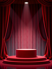 3d Mock up Velvet red podium with theater curtains and spotlight. Pedestal stage for luxury fashion presentation. Dramatic scene for advertising. Sale promotion background.