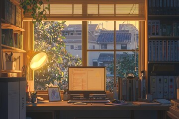 A Tranquil Office Scene With A Window View Of A Peaceful Neighborhood And Warm, Inviting Light Creating A Cozy Atmosphere. Cozy Vibe, Generative AI