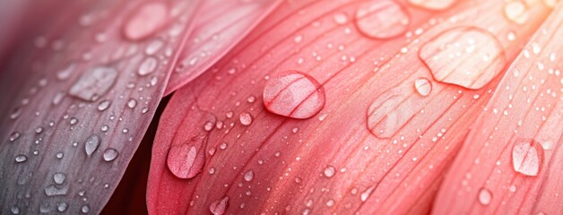 Beautiful close-up photo of pastel pink and coral lily petals with water drops on the petals.