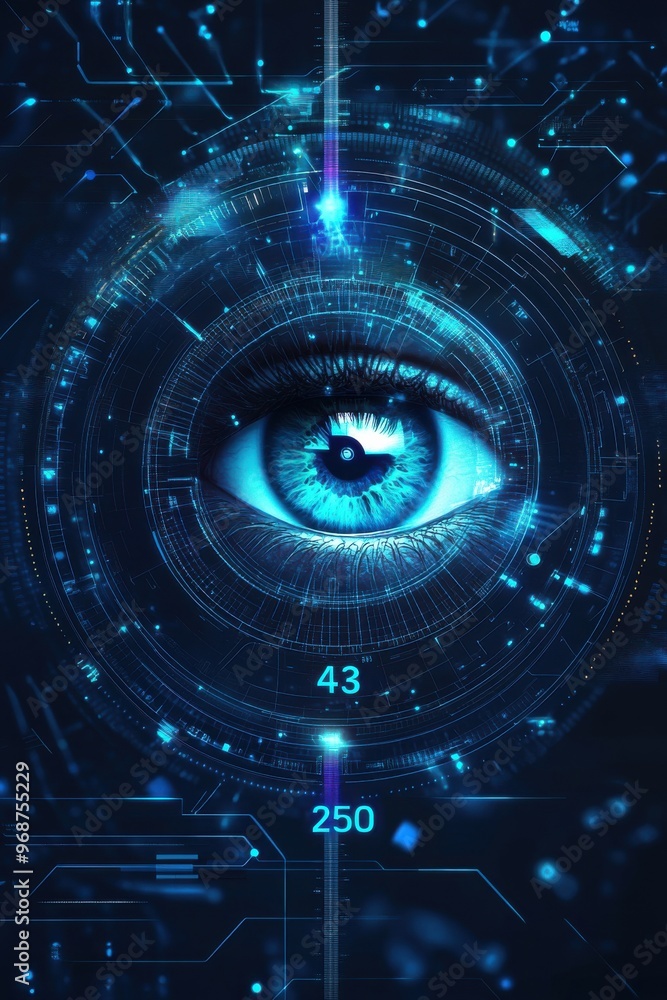 Poster futuristic digital eye with advanced technology elements and holographic interface showcasing a high