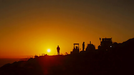Naklejka premium The day begins with the silhouettes of construction workers and equipment framed by a glowing horizon, showcasing the power