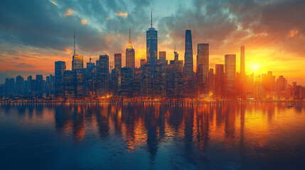 Obraz premium City Skyline Reflection in Sunset Water