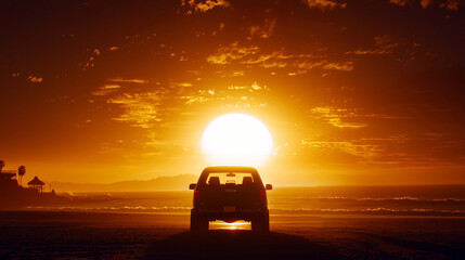 Chasing Sunsets, A Pickup Truck's Perfect Spot by the Sea as the Sun Dips Below the Horizon