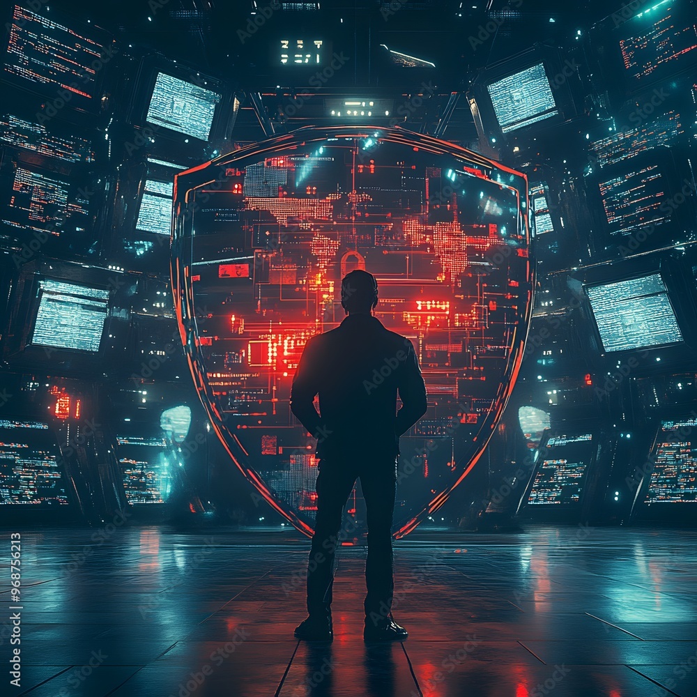 Poster a silhouette of a person standing before a high-tech security interface displaying vibrant holograms