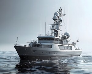 Naklejka premium A sleek research vessel navigating calm waters, equipped with advanced technology, ideal for marine exploration and studies.