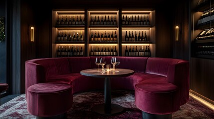 A plush seating area with deep tones and a selection of fine wines
