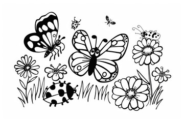 Fototapeta premium White background with cartoon butterflies and ladybugs for a kids' coloring page.