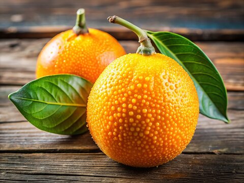 "Vibrant orange-yellow guinep fruit with fuzzy exterior and juicy pulp, ripe and ready to be eaten, placed on a rustic wooden table"