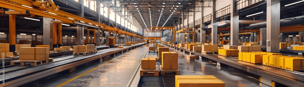 Poster a spacious warehouse interior showcasing organized package sorting and efficient logistics operation