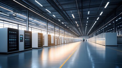 Fototapeta premium A spacious data center corridor with server racks, bright overhead lights, and a sleek modern design, ideal for technology visuals.