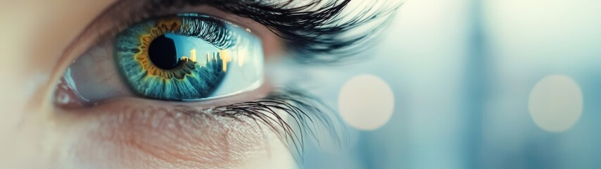 Urban Vision, an abstract depiction of a single eye gazing at a minimalist cityscape, emphasizing simplicity and clarity, with ample free space enhancing the overall composition.