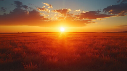 Fototapeta premium Sunset Over Grassy Field with Golden Sky and Clouds