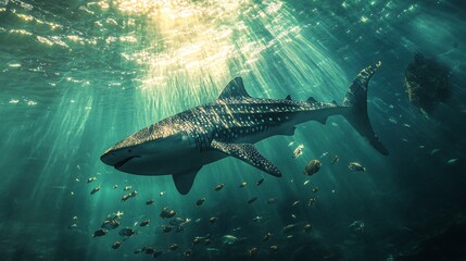 Fototapeta premium A majestic whale shark swims through a school of fish in the sunlit ocean.