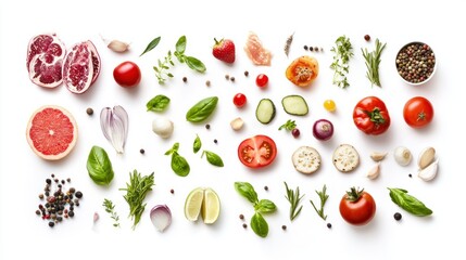 Assorted Fresh Ingredients for Cooking on White Background