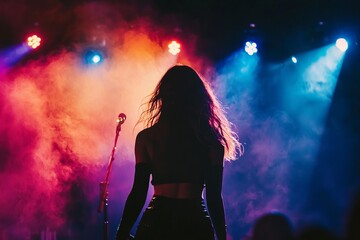 Female singer performing on stage with a vibrant spotlight. The audience and stage lights are visible in the background