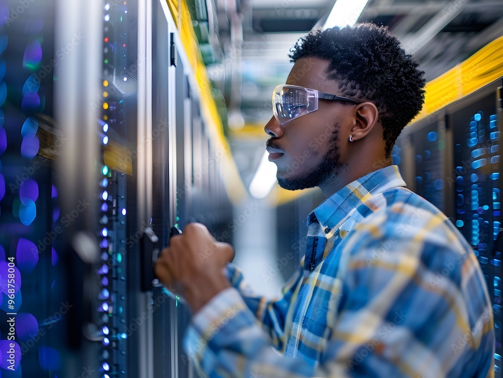 Poster a technician monitors server equipment in a data center. focus on innovation and technology in a pro