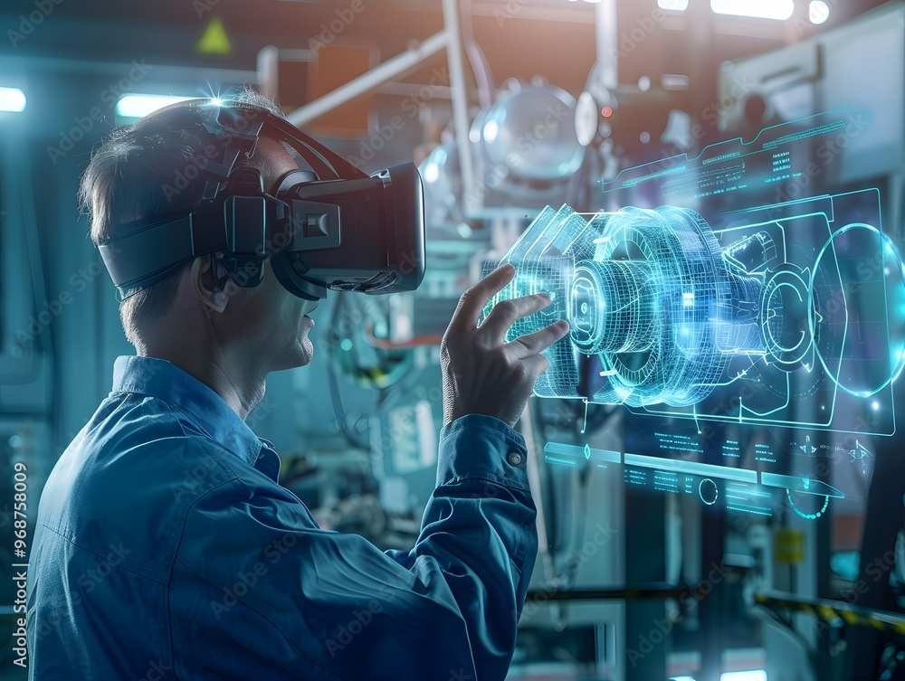 Poster a technician using virtual reality technology for innovative engineering solutions in a modern works