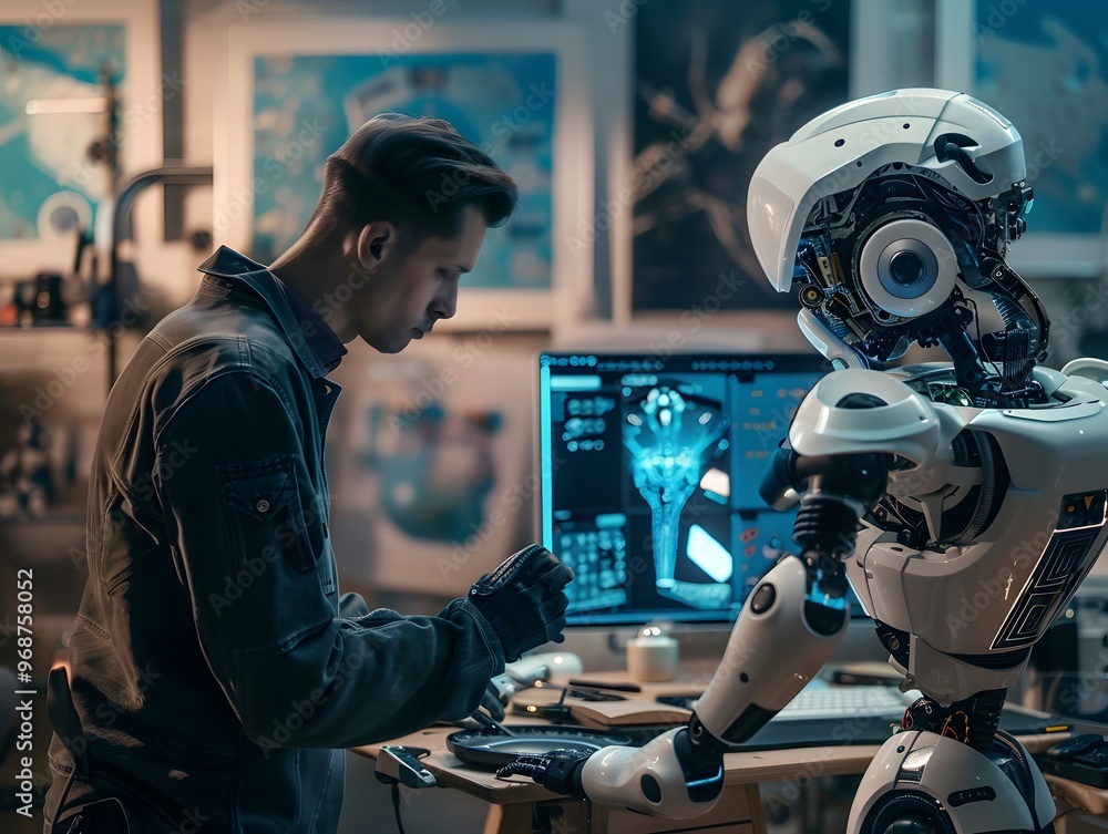 Poster a technician working on a humanoid robot in a high-tech lab, showcasing innovation and the future of
