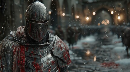 Full armor and bloody clothes on a medieval knight under a dark night sky with a gothic castle.