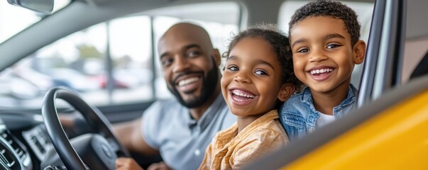 Happy family with two children exploring a new car together in a showroom, experiencing joy and excitement during a fun family outing.