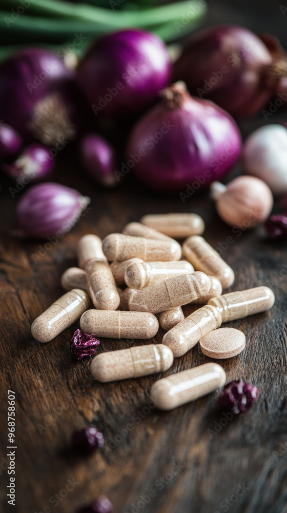 Poster a pile of pills is on a wooden table next to some onions and garlic. the pills are in different shap