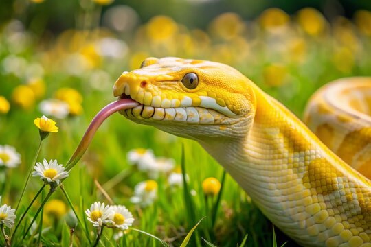 "Draw a long winding yellow python with bright green eyes and a forked tongue, slithering through a grassy meadow with a few scattered wildflowers"