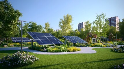A vibrant park featuring solar panels, green grass, flowers, and modern buildings, emphasizing sustainability and urban beauty.