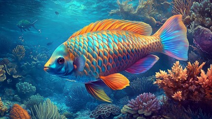 Fototapeta premium A vibrant, colorful parrotfish swims through a coral reef.