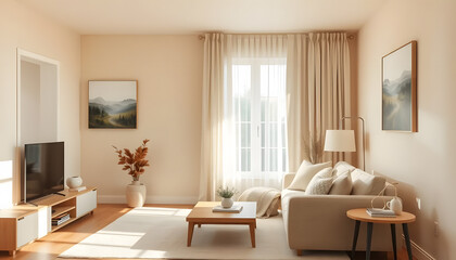 Fototapeta premium Minimalist Living Room with Beige Color Palette and Natural Light