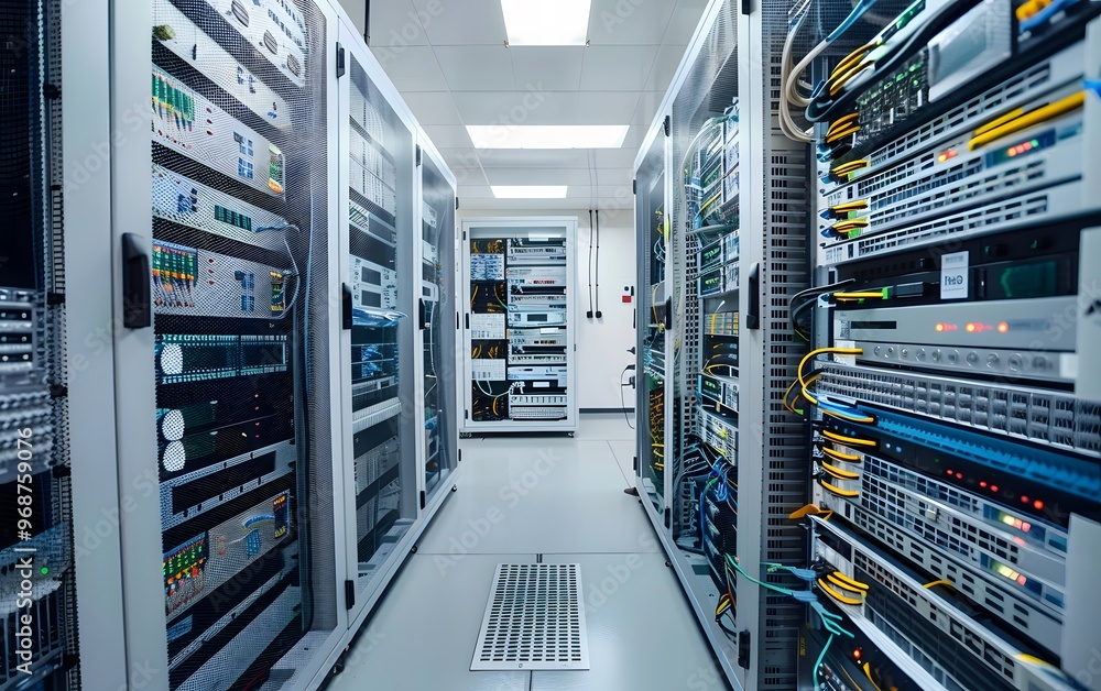 Poster a view inside a modern data center showcasing rows of servers and network equipment, highlighting ad