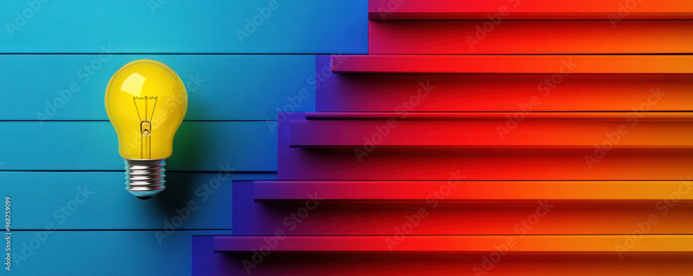 Poster A yellow light bulb is on top of a stack of wooden blocks. The blocks are arranged in a staircase pattern, with the bottom block being the largest and the top block being the smallest