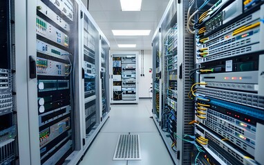 A view inside a modern data center showcasing rows of servers and network equipment, highlighting advanced technology and organization.