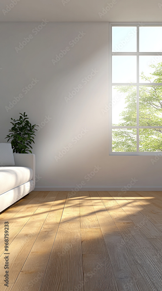 Poster a white couch sits in front of a window with a potted plant. the room is empty and the sunlight is s