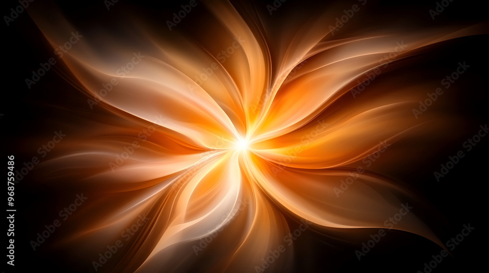 Poster dynamic abstract design with swirling orange and white patterns set against a dark background, creat