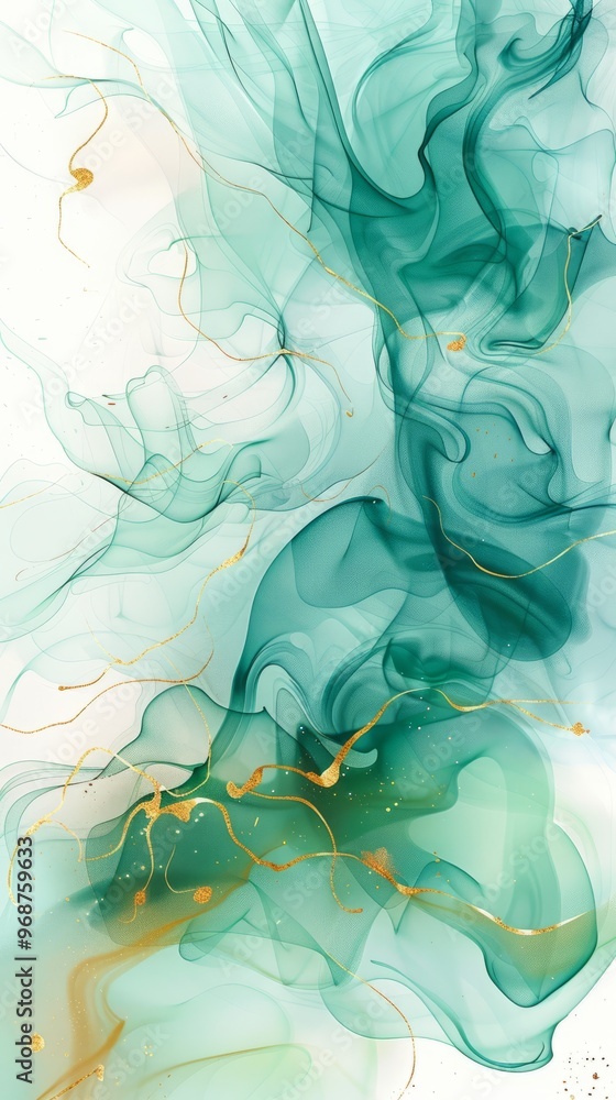 Poster ethereal watercolor background with swirling green and turquoise hues, adorned with delicate gold li