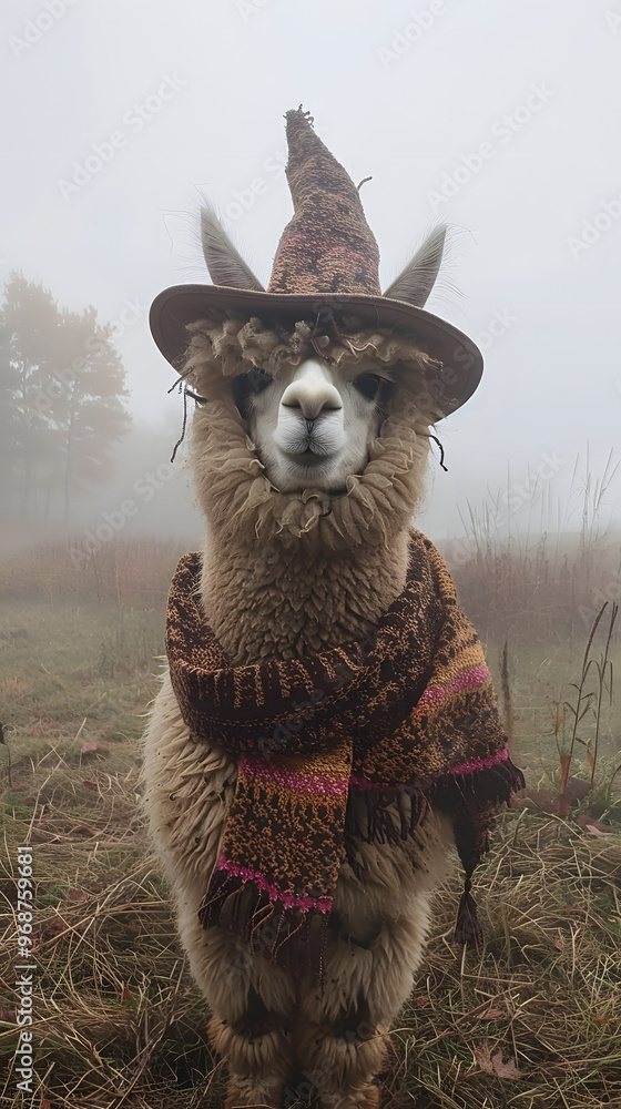 Wall mural Alpaca in a witch costume standing in a foggy, mystical field